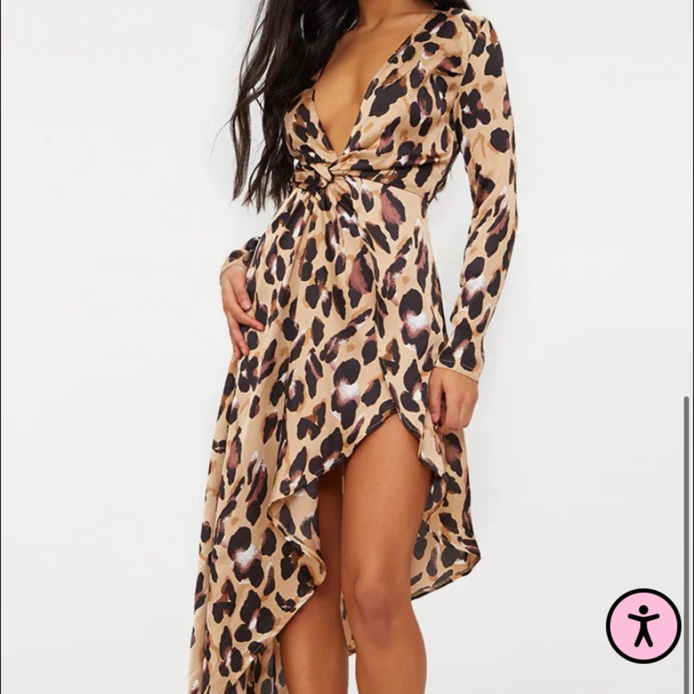 PLT - LEOPARD ASYMMETRICAL HEM LONG SLEEVE PLUNGE SATIN MAXI DRESS - SIZE 8